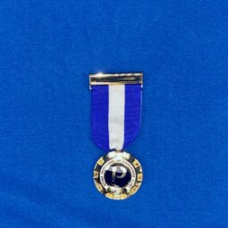 Small medallion on blue and white ribbon.